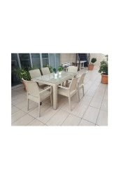 Premium Rattan Masa Takımı 80X140 Camlı Masa 6 Sandalye Rattan Takım Çöl Beji - 1
