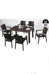 Almina Italy 90X150 Camsız Masa Takımı 6 Kişilik Rattan Desenli Bahçe Balkon Kahve Rattan Masa Takımı - 1