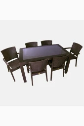 Almina Italy 90X150 Camlı Masa Takımı 6 Kişilik Rattan Desenli Bahçe Balkon Kahve Rattan Masa Takımı - 1