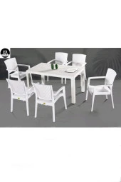 Almina Rattan 90X150 Camsız Masa Takımı 6 Kişilik Rattan Desenli Bahçe Balkon Beyaz Rattan Masa Takımı - 1