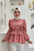 Fırfır Detay Bel Lastikli Kat Görünümlü Bluz 5207 Pudra - 2