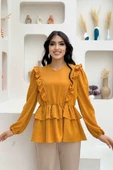 Fırfır Detay Bel Lastikli Kat Görünümlü Bluz 5207 Hardal - 2