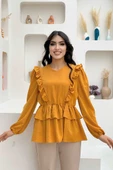 Fırfır Detay Bel Lastikli Kat Görünümlü Bluz 5207 Hardal - 1