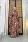Göğüs Kısmı Gizli Düğmeli Bel Kuşaklı Baskı Desenli Tulum 3486 Kahverengi thumbnail 2