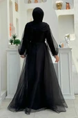 Omuz Şerit Detay Bel Bağlamalı Tül Abiye Elbise 3964 Siyah thumbnail 2
