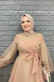 Omuz Şerit Detay Bel Bağlamalı Tül Abiye Elbise 3964 Vizon thumbnail 4