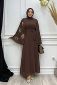 Yarasakol Tek Kol Baskılı Şifon Astarlı Abiye Elbise 3539 Kahverengi thumbnail 1