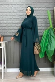 Yarasakol Tek Kol Baskılı Şifon Astarlı Abiye Elbise 3539 Zümrüt thumbnail 2
