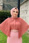Piliseli Pelerin Görünümlü Ön Düğmeli Kısa Gömlek 5264 Gül Kurusu - 6