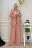 Düğme Detay Blazer Ceket Bol Pantolon Takım 8302 Pudra - 1