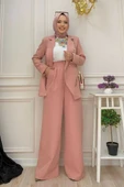 Düğme Detay Blazer Ceket Bol Pantolon Takım 8302 Pudra - 2