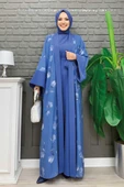 Desenli Abaya Düz Cep Detay Kuşaklı Sıfır Kol Tulum Takım 8312 İndigo thumbnail 1