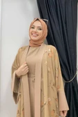 Desenli Abaya Düz Cep Detay Kuşaklı Sıfır Kol Tulum Takım 8312 Taba thumbnail 8