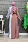 Üç Renkli Bel Kemer Pilise Detay Elbise 3622 Füme - 7
