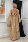 Desenli Abaya Düz Cep Detay Kuşaklı Sıfır Kol Tulum Takım 8312 Taba thumbnail 3