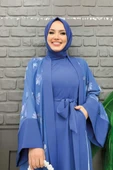 Desenli Abaya Düz Cep Detay Kuşaklı Sıfır Kol Tulum Takım 8312 İndigo thumbnail 8