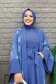 Desenli Abaya Düz Cep Detay Kuşaklı Sıfır Kol Tulum Takım 8312 İndigo thumbnail 4
