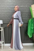 Üç Renkli Bel Kemer Pilise Detay Elbise 3622 Füme - 6