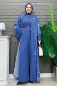 Desenli Abaya Düz Cep Detay Kuşaklı Sıfır Kol Tulum Takım 8312 İndigo thumbnail 6