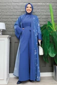 Desenli Abaya Düz Cep Detay Kuşaklı Sıfır Kol Tulum Takım 8312 İndigo thumbnail 2