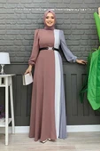 Üç Renkli Bel Kemer Pilise Detay Elbise 3622 Füme - 5