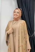 Desenli Abaya Düz Cep Detay Kuşaklı Sıfır Kol Tulum Takım 8312 Taba thumbnail 4