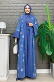 Desenli Abaya Düz Cep Detay Kuşaklı Sıfır Kol Tulum Takım 8312 İndigo thumbnail 5