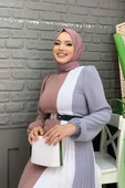 Üç Renkli Bel Kemer Pilise Detay Elbise 3622 Füme - 4