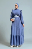 Piliseli Fırfır Görünümlü Bel Kuşaklı Şifon Elbise 3628 İndigo - 4