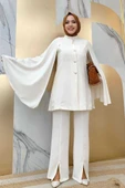 Pelerinli Düğme Detay Ceket ve Pantolon Takım 8354 Ekru thumbnail 1