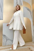 Pelerinli Düğme Detay Ceket ve Pantolon Takım 8354 Ekru thumbnail 3
