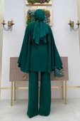 Pelerinli Düğme Detay Ceket ve Pantolon Takım 8354 Zümrüt - 7