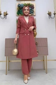 Cep ve Düğme Görünümlü Uzun Ceket Pantolon Takım 8357 Gül Kurusu thumbnail 1