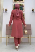 Cep ve Düğme Görünümlü Uzun Ceket Pantolon Takım 8357 Gül Kurusu thumbnail 7