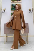 Pelerinli Düğme Detay Ceket ve Pantolon Takım 8354 Taba thumbnail 3