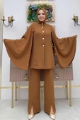 Pelerinli Düğme Detay Ceket ve Pantolon Takım 8354 Taba thumbnail 1