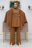 Pelerinli Düğme Detay Ceket ve Pantolon Takım 8354 Taba thumbnail 2