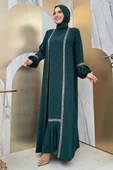 Taş Detaylı Abaya Sıfır Kol Elbise Takım 3657 Zümrüt thumbnail 3