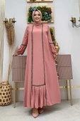 Taş Detaylı Abaya Sıfır Kol Elbise Takım 3657 Pudra - 1