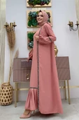 Taş Detaylı Abaya Sıfır Kol Elbise Takım 3657 Pudra - 5