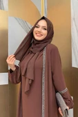Taş Detaylı Abaya Sıfır Kol Elbise Takım 3657 Kahverengi - 4
