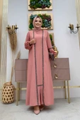Taş Detaylı Abaya Sıfır Kol Elbise Takım 3657 Pudra - 4