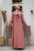 Taş Detaylı Abaya Sıfır Kol Elbise Takım 3657 Pudra - 7