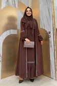 Taş Detaylı Abaya Sıfır Kol Elbise Takım 3657 Kahverengi - 2