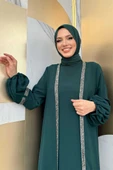 Taş Detaylı Abaya Sıfır Kol Elbise Takım 3657 Zümrüt thumbnail 4