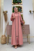Taş Detaylı Abaya Sıfır Kol Elbise Takım 3657 Pudra - 3
