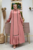 Taş Detaylı Abaya Sıfır Kol Elbise Takım 3657 Pudra - 2