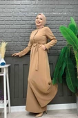 Göğüs Kısmı Gizli Düğme Detaylı Bel Kuşaklı Tulum 3676 Taba - 2