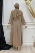 Kemer Aksesualrı Şifon Detaylı Abaya ve İçlik Takım 8391 Vizon - 7