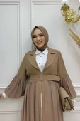 Kemer Aksesualrı Şifon Detaylı Abaya ve İçlik Takım 8391 Vizon - 8
